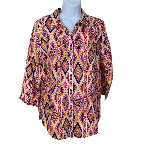 Chicos Shirt Womens Size Medium 100% Linen Coastal Casual Multicolor Button Up - Picture 11 of 13